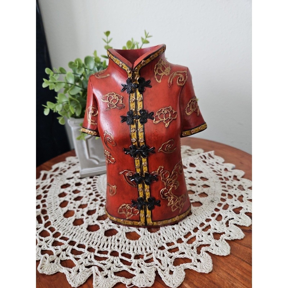 Red Chinese‎ Cheongsam Qipao Dress Torso Resin Vase Floral Gold Relief 8x6in
